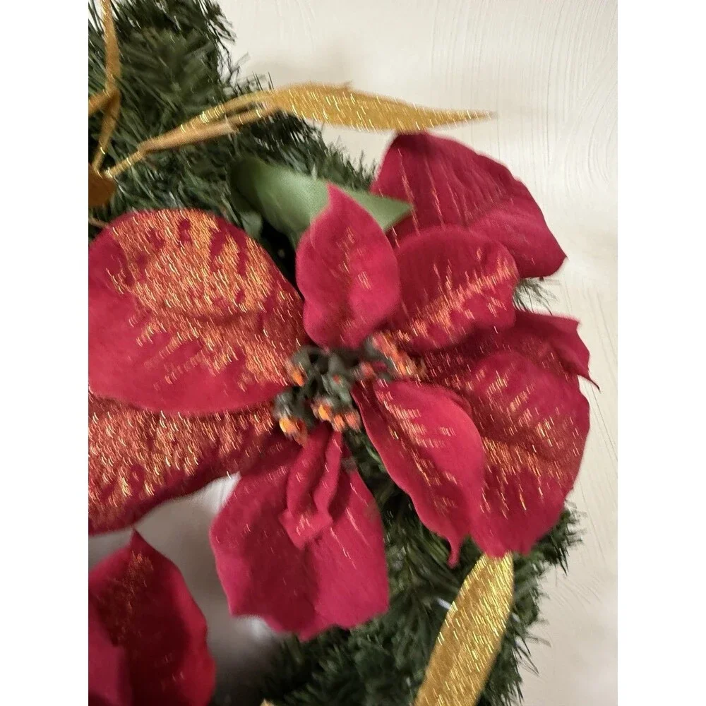 Festive Red Poinsettia & Gold Leaf Holiday Wreath
